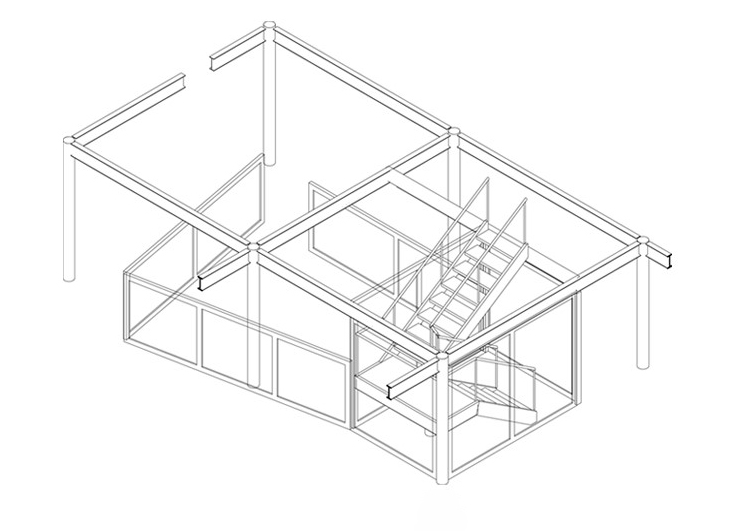 Isométrica estructura / volumen escalera y oficina
